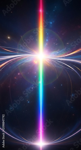 Vertical rainbow light beam across a starry background.
