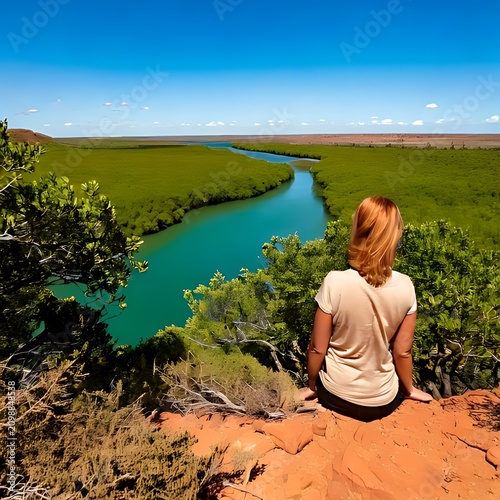 Woman overlooks lush green coastal waterway vista