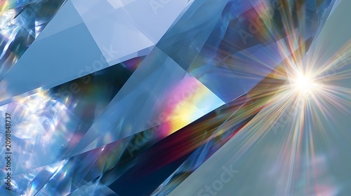 Close-up of a sparkling diamond with rainbow light refraction and lens flare.