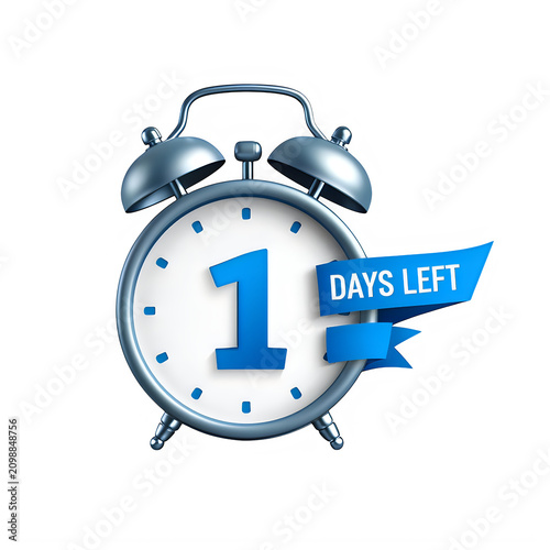 Blue 3D Alarm Clock Countdown Icon with 1 Day Left Banner on White