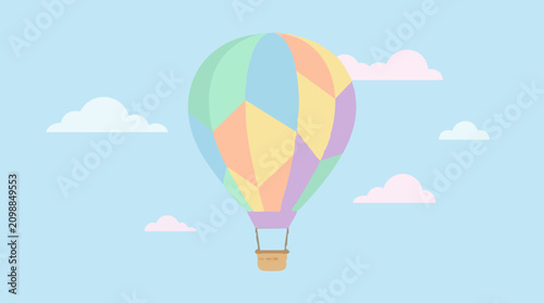 Cuadro en lienzo Pastel hot air balloon flying in a blue sky with clouds, vector illustration
