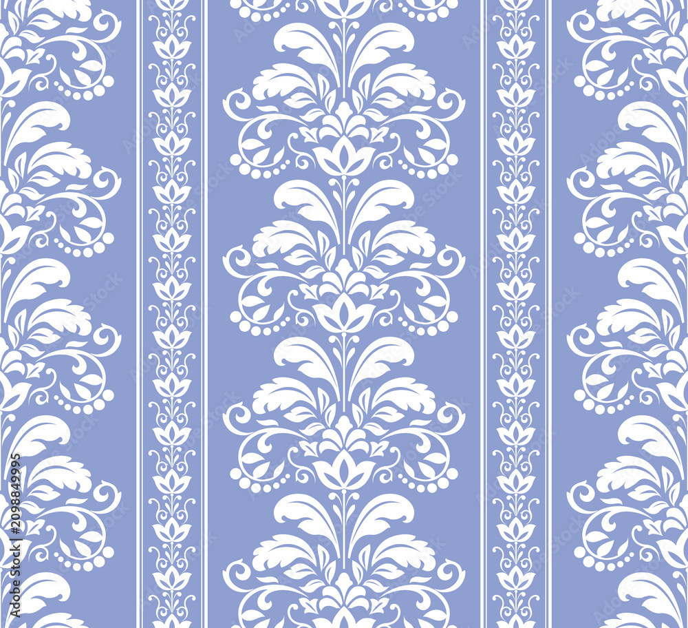 Fototapeta premium Floral pattern. Seamless vector background. Vintage wallpaper in the Baroque style. White and blue ornament for fabric, wallpaper, packaging. Ornate Damask flower illustration