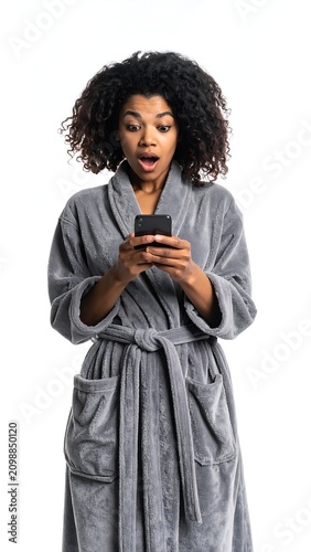 Woman in robe shocked by phone notification