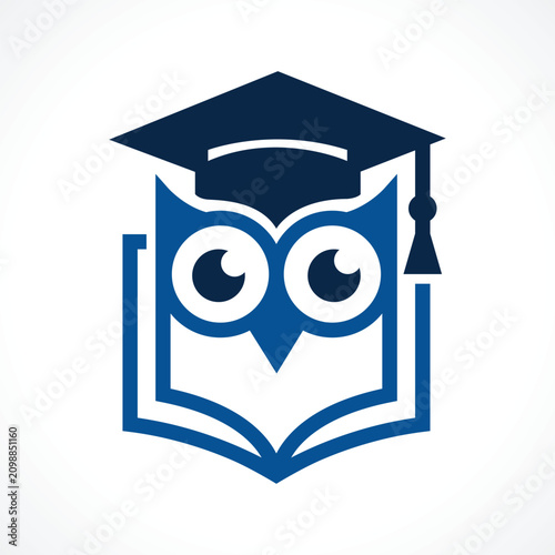 Cute Owl Book Logo with Graduation Cap Education, Learning, School, Academy Vector Icon
