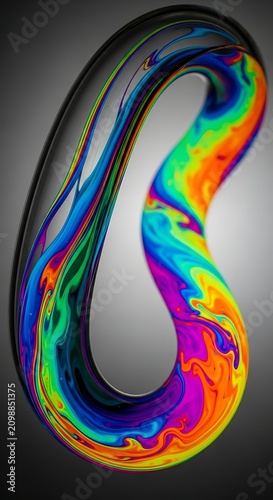 Vibrant swirling liquid paint ring on gray background.