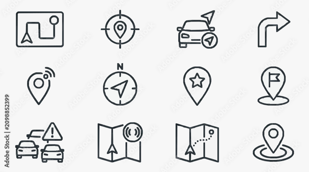 Fototapeta premium Modern Minimalist Black and White Line Icons Set for Navigation Travel and Directional Guidance