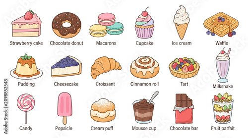 A colorful collection featuring various sweet treats and delicious sugary snacks arranged in rows for bakery menus or culinary designs to enhance visual appeal within diverse food themed
