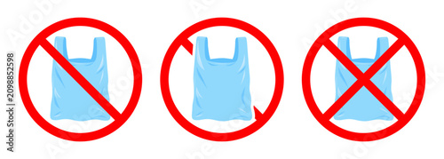 No plastic polythene shopping bag prohibition sign set, Plastic bag not allowed restriction symbols for environmental protection, sustainability and eco awareness, Vector illustration
