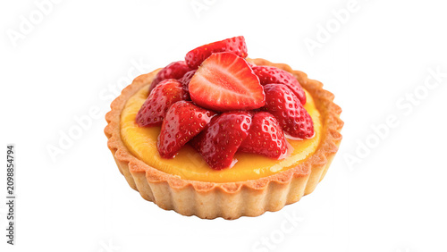Fotografía Sweet baked tartlet pastry topped with fresh red strawberry slices dessert isola