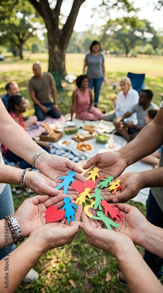 Fototapeta premium Diverse group of adults and children holding colorful paper cutout figures in circle formation during outdoor park gathering, symbolizing community unity and togetherness for nonprofit campaigns.