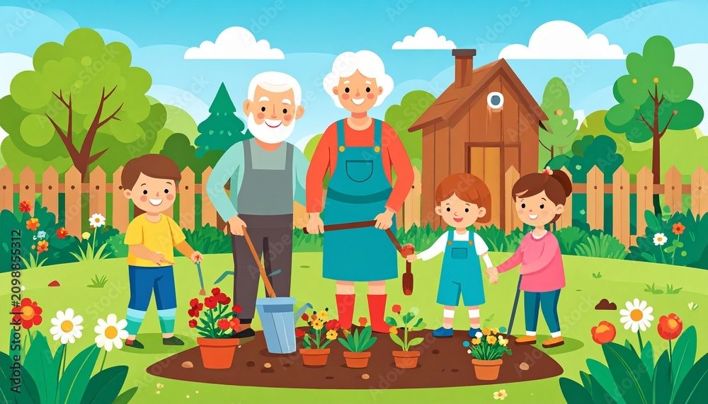 Fototapeta premium Happy children playing in colorful garden with animals.