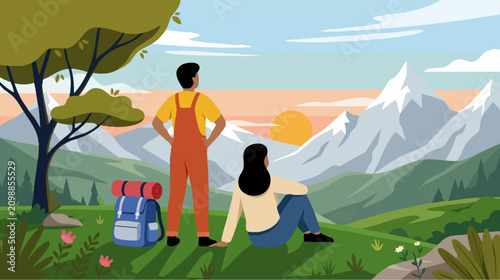 Two travelers admiring majestic mountain view at dawn or dusk