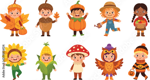 Bild auf Leinwand Cute kids in autumn costumes, isolated on white, celebrate halloween with seasonal fun