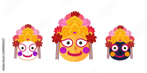 Schilderij op canvas Traditional Jagannath, Balabhadra and Subhadra deity faces with colorful floral crowns isolated on white background