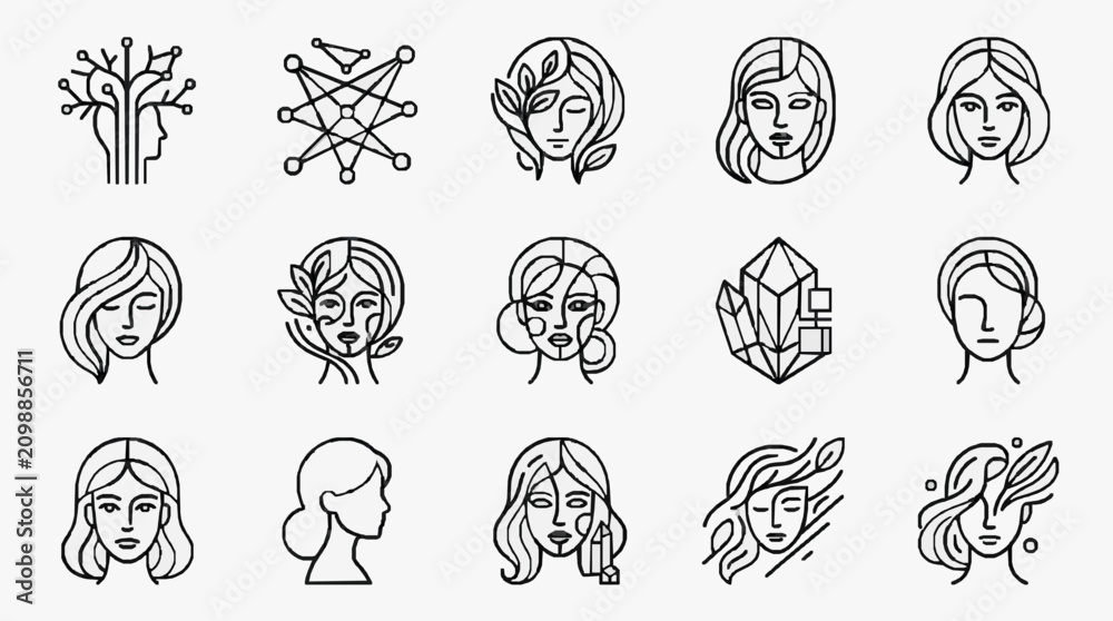 Obraz premium Modern Minimalist Line Art Collection of Female Faces and Abstract Hair Designs in Black and White