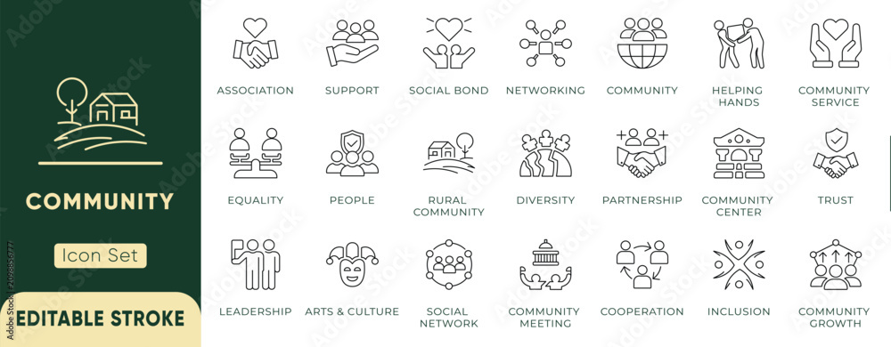 Naklejka premium Community line icon set. Elements for social network, teamwork, and society growth. Editable web icons partnership, inclusion, trust, and support. Vector illustration.
