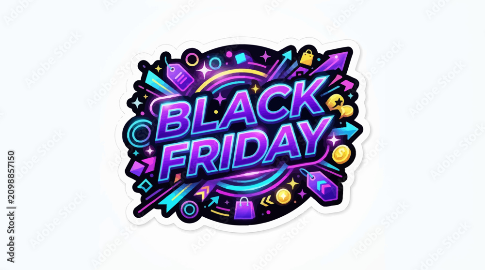 Fototapeta premium A vibrant neon glow graphic promoting the annual Black Friday shopping event features energetic typography surrounded by playful celebratory icons intended to capture customer attention during