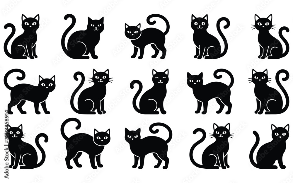 Obraz premium Collection of black cat silhouettes in various poses during a simple white background setting abstract