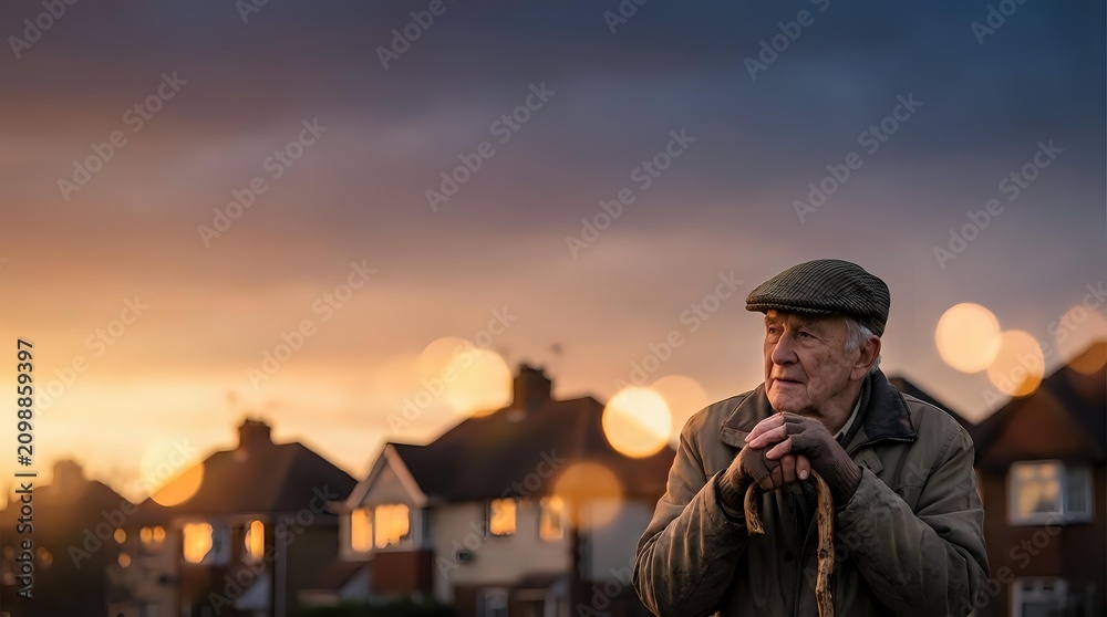 Fototapeta premium Mature man wearing flat cap and casual jacket standing outdoors at dusk with residential houses and warm golden bokeh lights in blurred background, contemplative expression.