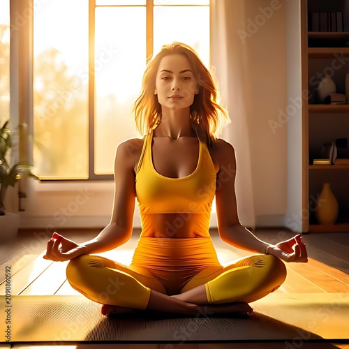 Woman meditating in sunlit room, yellow attire