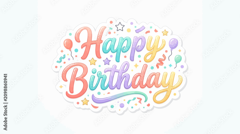Obraz premium A festive multicolored Happy Birthday greeting card design features whimsical cursive lettering surrounded by playful star shapes and small circular confetti bits to celebrate a joyous