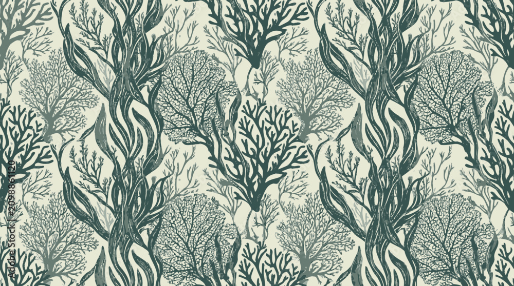 Obraz premium Teal coral seaweed vintage botanical sea pattern.