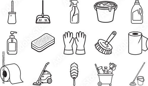 фотографія Collection of line art icons representing various cleaning supplies and equipment, presented in a grid format against a white background
