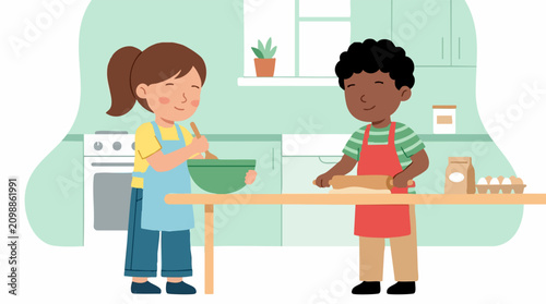 Happy children baking together in kitchen, stirring and rolling dough
