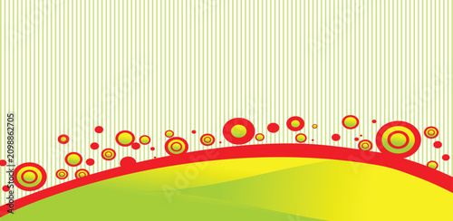 Canvastavla Dynamic abstract background with vertical pinstripe texture and curved green hills decorated with vibrant red and yellow circular bubble designs