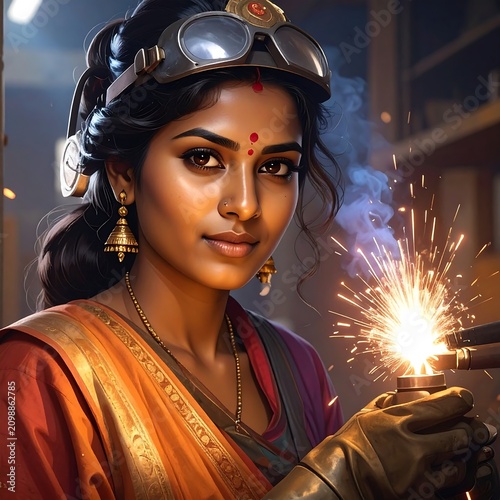 Woman in sari welding, sparks flying brightly