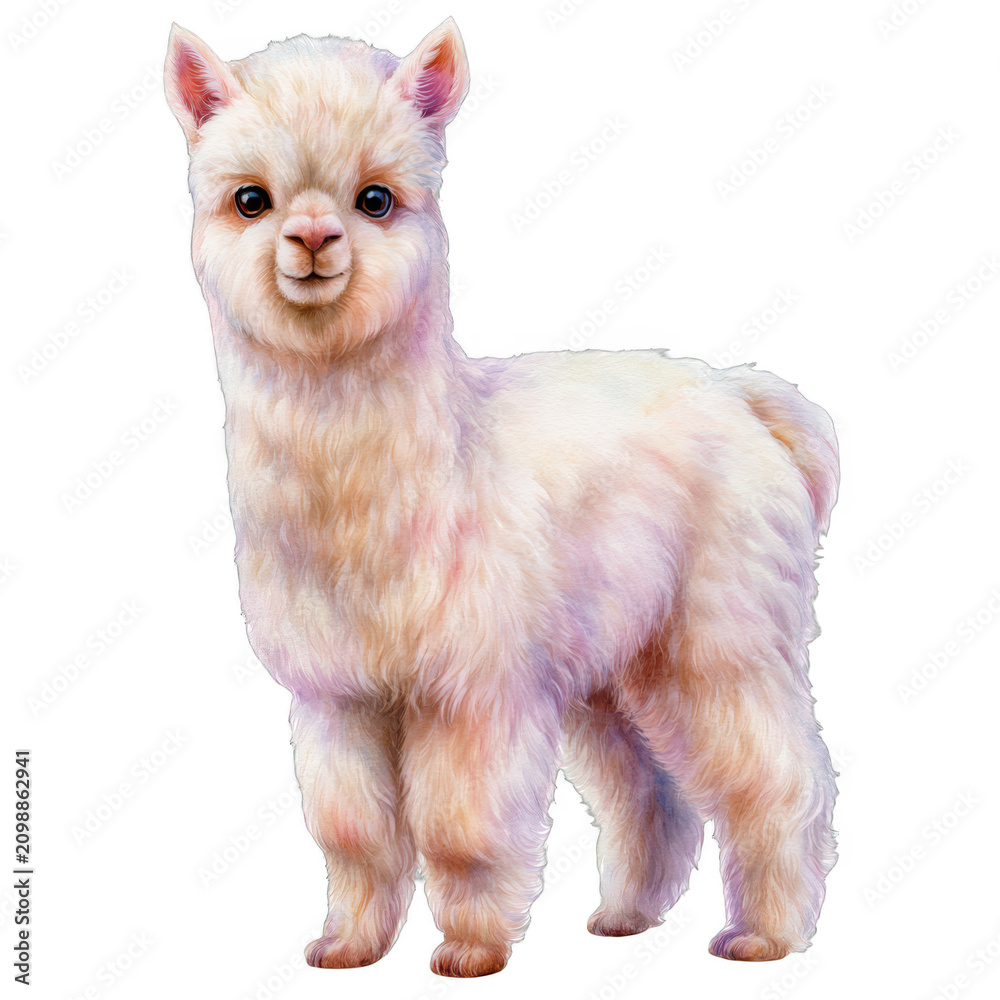 Fototapeta premium Fluffy alpaca with soft wool, isolated on transparent background