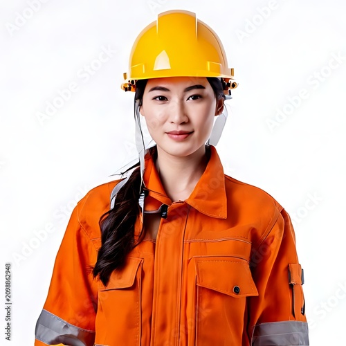 Woman in orange workwear and yellow hard hat