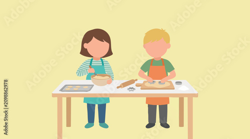 Two children wearing aprons baking cookies together on a table at home