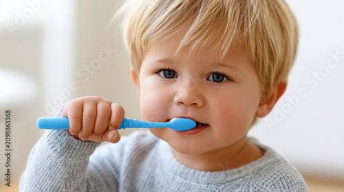 Cute toddler boy with blonde hair holding a blue toothbrush and brushing his teeth.