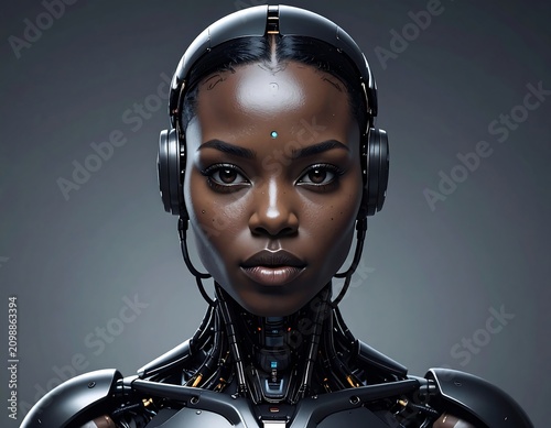 Woman with robotic enhancements and headphones