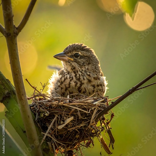 Young bird in nest, bathed in golden light
