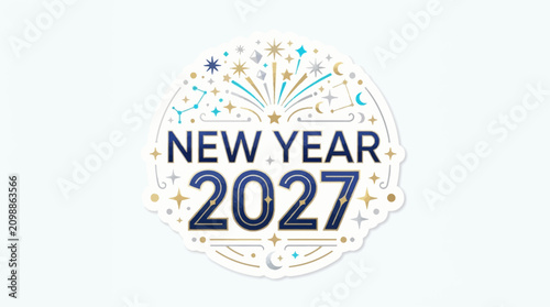 A festive graphic showcasing the upcoming arrival of the year twenty twenty seven decorated with golden celestial shapes and sparkling fireworks to celebrate the happy spirit of the winter
