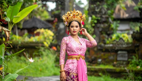 Woman in ornate attire, traditional setting