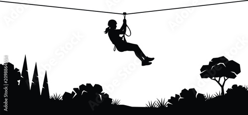 Schilderij op canvas Ziplining adventure silhouette a thrilling outdoor activity for adventure seeker