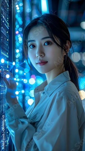 Woman in server room with blue lights