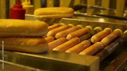Roller grill continuously rotates hot dog sausages to create even browning and juicy texture. Street food vendor prepares fast food for outdoor market visitors.