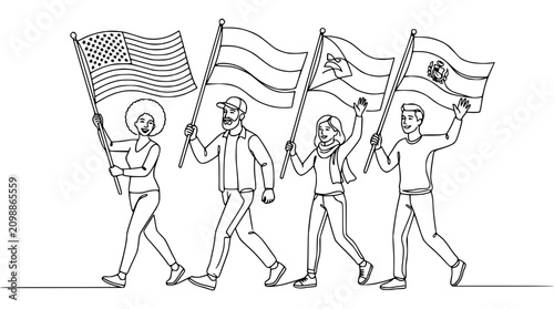 Fotografie Diverse group of people holding national flags, walking together in unity and celebration, line art illustration