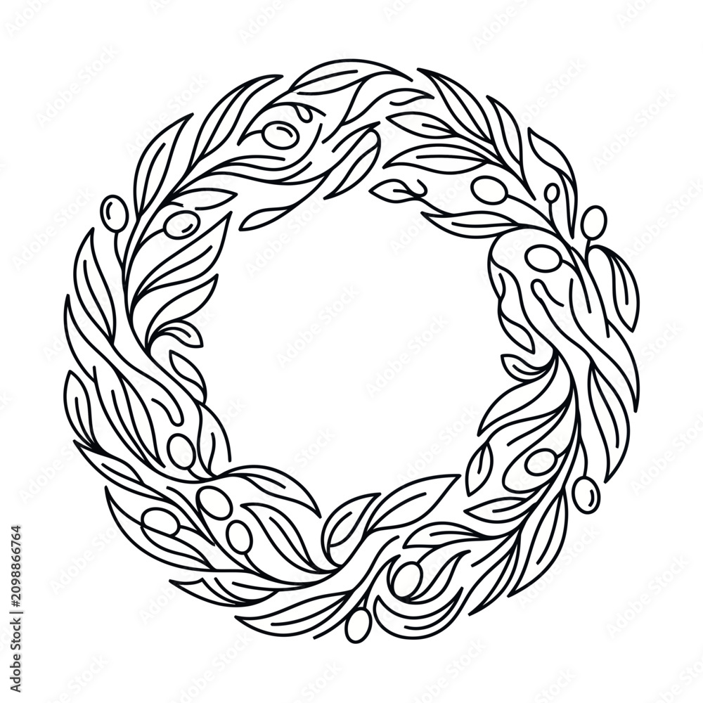 Obraz premium Elegant Olive Branch Wreath Design, Minimalist Botanical Circle Frame, Hand-drawn Vector Art