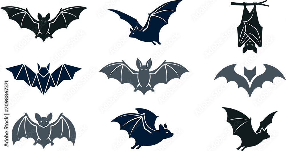 Fototapeta premium Spooky Halloween Bat Silhouette Icon Set with Flying and Hanging Mammal Symbols for Gothic Party Decorations, Vampire Patterns, and Nocturnal Wildlife Vector Designs,