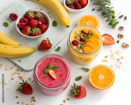 Pink and yellow smoothies with fresh fruits and nuts for healthy branding