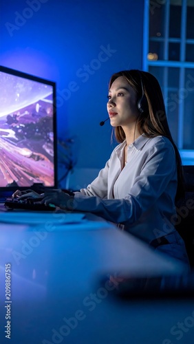 Woman plays game on computer with headset