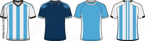 Argentina Soccer Jersey Template Icon Set with Light Blue and White Striped Sportswear Shirts for Football Team Apparel and Uniform Mockup Vector Designs,