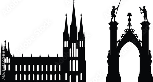 Photos Gothic cathedral building and ornate gateway silhouette set, medieval European a
