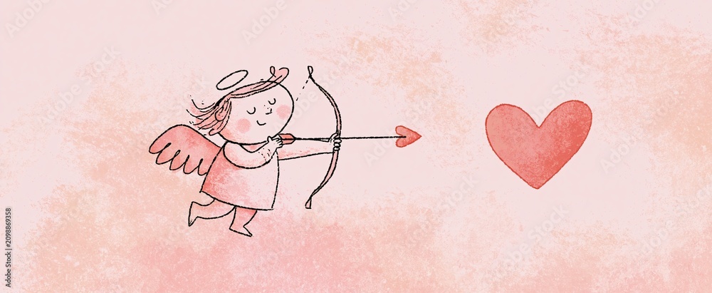 Obraz premium Cherub with heart-tipped arrow in pastel tones, romantic illustration ideal for Valentine’s cards and celebrations.