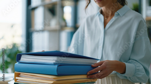 A businesswoman carries a heavy stack of binders and documents through a bright modern office. Selective focus.
